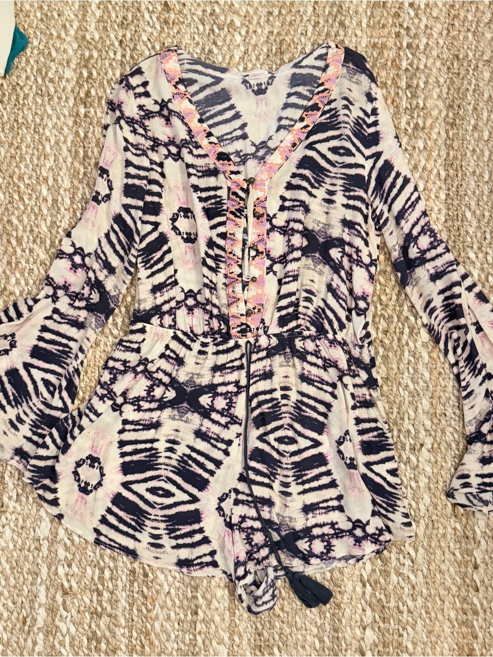 Xhilaration Cream Romper with Black Tie-Dye and Pink Trim